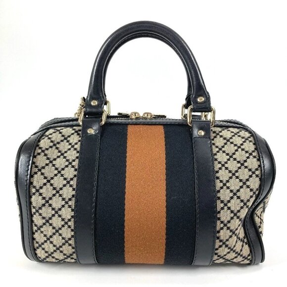 GUCCI Striped logo 2WAY Hand Bag Sherry Line Shoulder Bag Leather/Canvas Navy - Picture 2 of 13